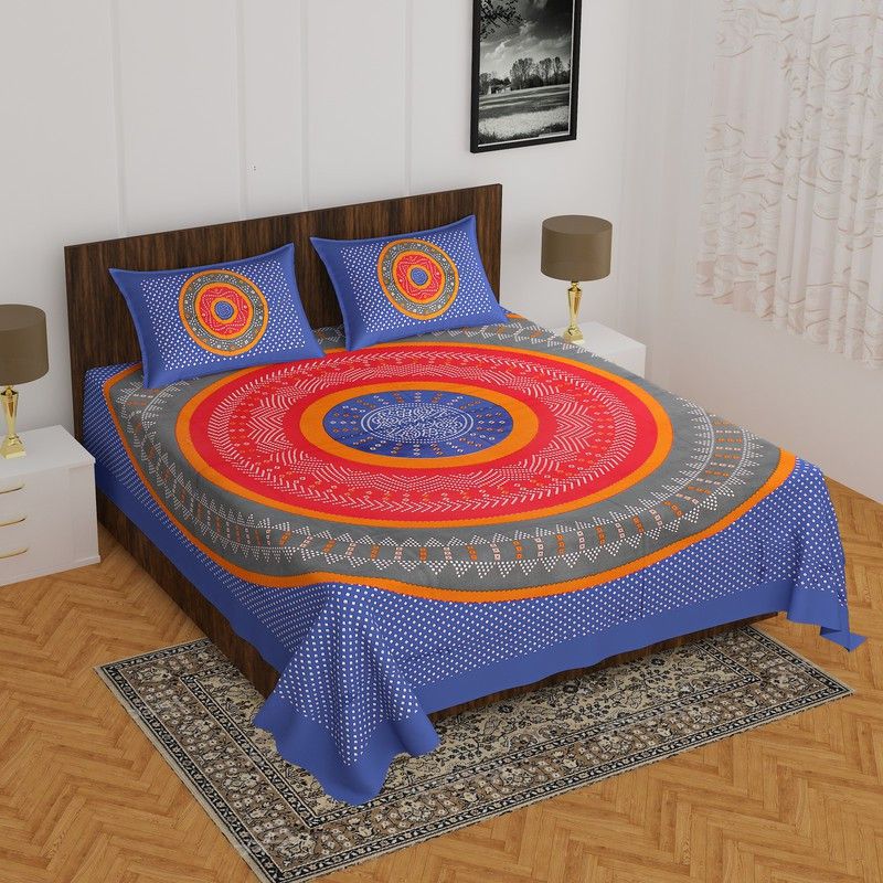 Devatwal Fashion 260 TC Cotton Double Jaipuri Prints Flat Bedsheet  (Pack of 1, Multicolo)