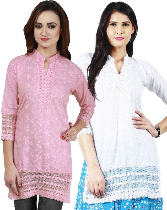 Women Embroidered, Solid Cotton Blend Straight Kurti  (Pack of 2, White, Pink)