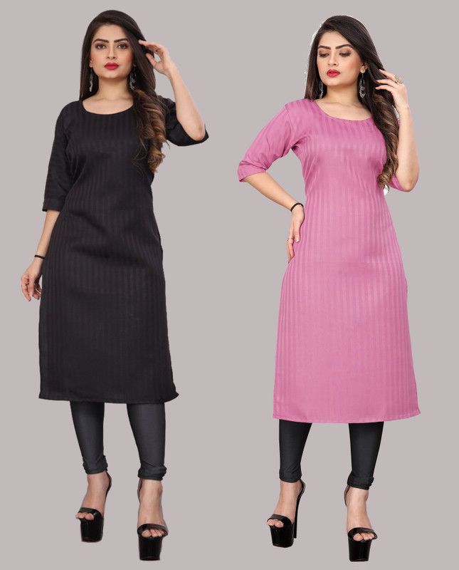 Pack of 2 Women Self Design, Solid Cotton Blend Straight Kurta  (Multicolor)