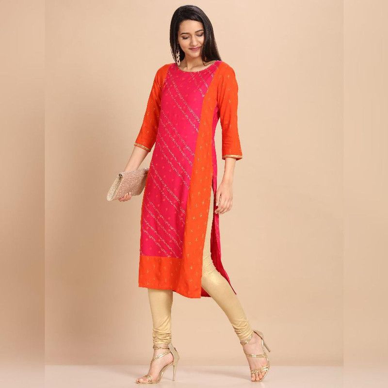 Women Printed Rayon Straight Kurti  (Orange)