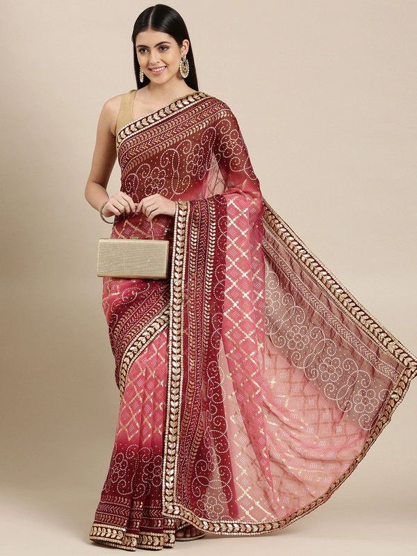 Woven Bandhani Georgette Saree  (Maroon)