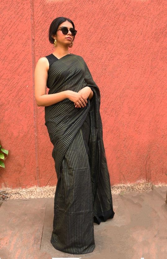 Striped, Woven Assam Silk Cotton Silk Saree  (Black)
