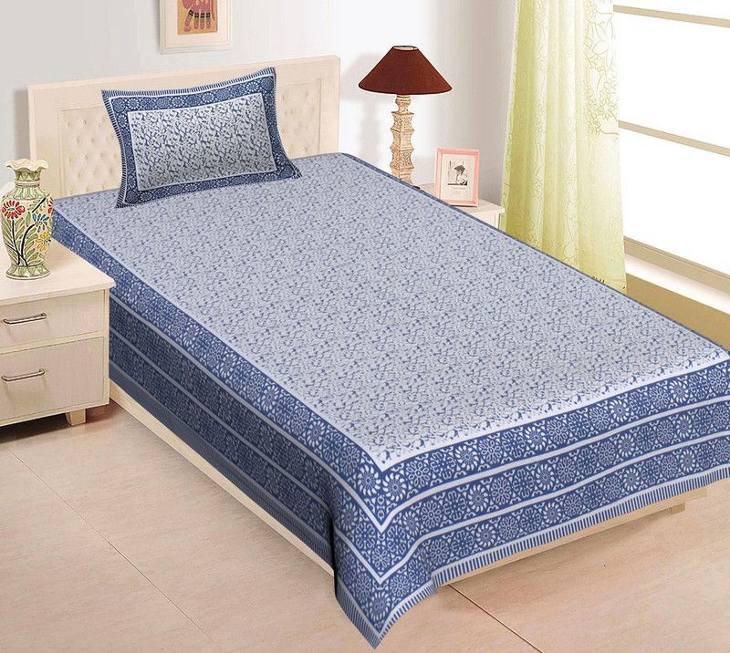GRUSH 210 TC Cotton Single Jaipuri Prints Flat Bedsheet  (Pack of 1, Blue)