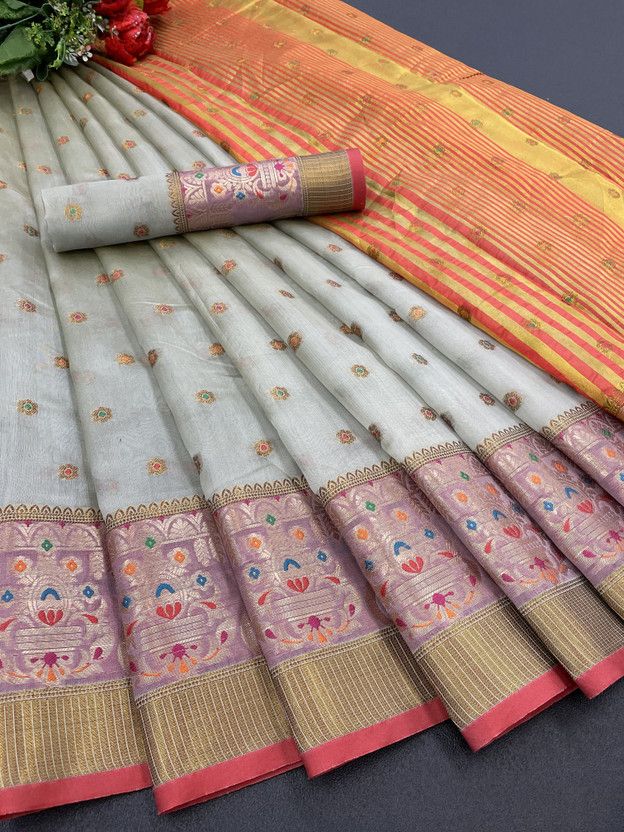 Dyed Assam Silk Organza Saree  (Multicolor)