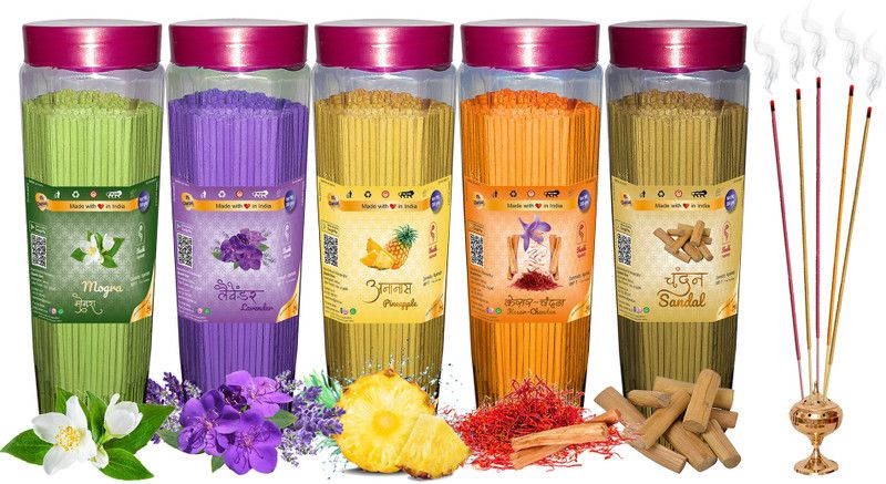 Shankh Mogra, Lavender, Pineapple, Kesar Chandan & Sandal Agarbatti 1500 gm Fragrances Mogra, Lavender, Pineapple, Kesar Chandan, Sandal (Chandan)  (300, Set of 5)