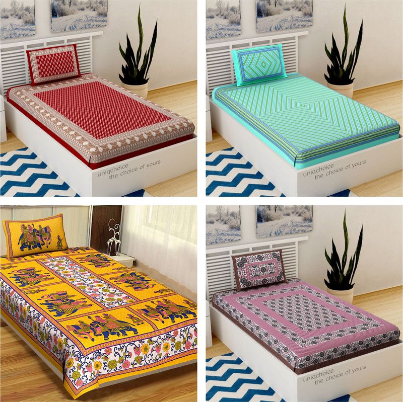 120 TC Cotton Single Bedsheet  (Pack of 4, Multicolor)