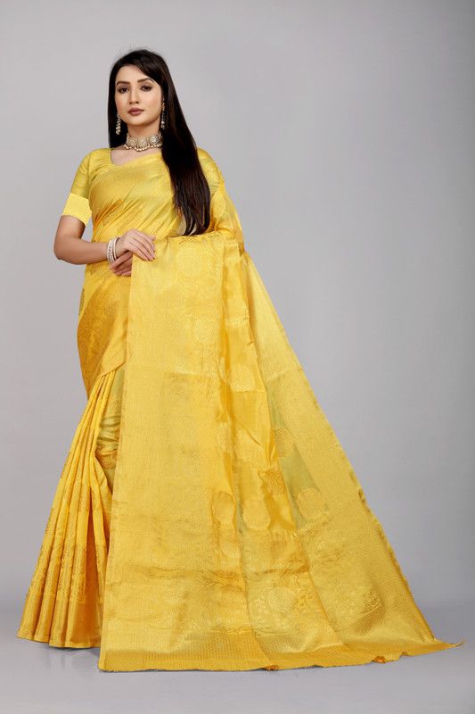 Woven Handloom Organza Saree  (Gold)