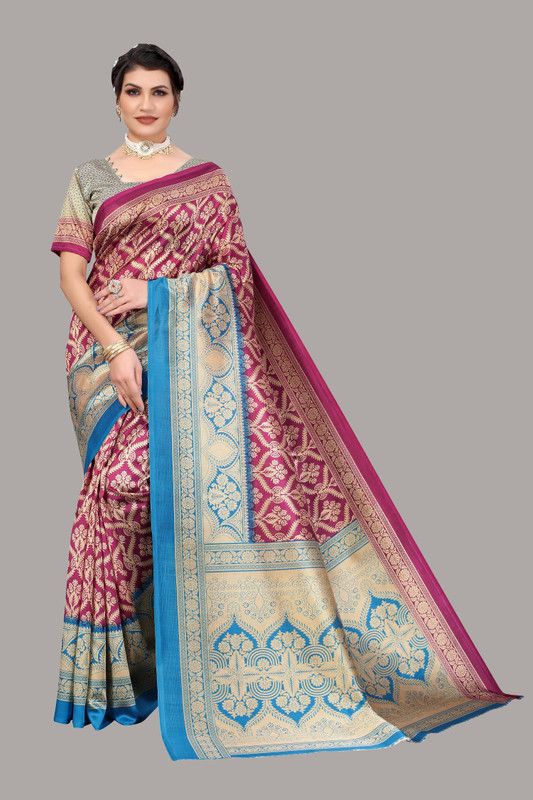 Printed Banarasi Art Silk Saree  (Purple, Blue)
