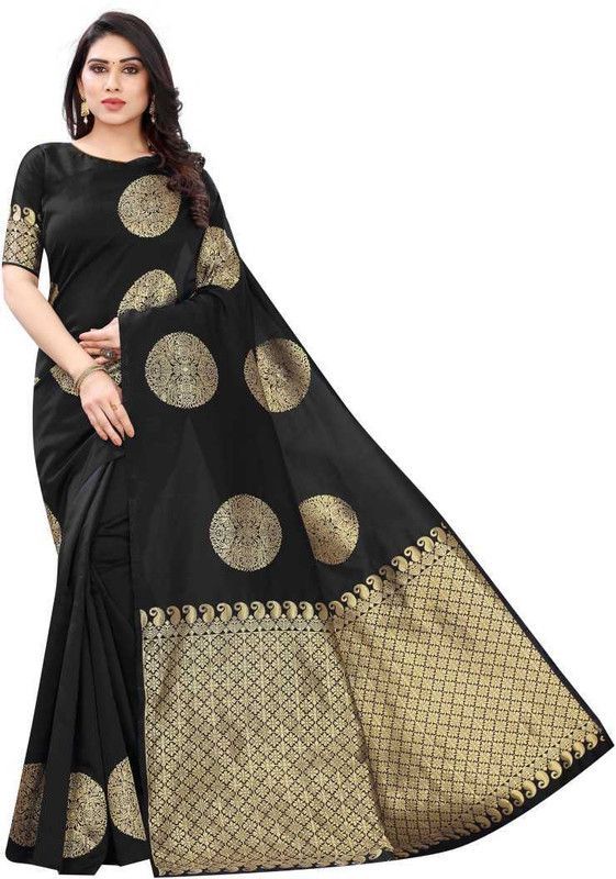 Kanjivaram Jacquard, Pure Silk Saree  (Black, Gold)