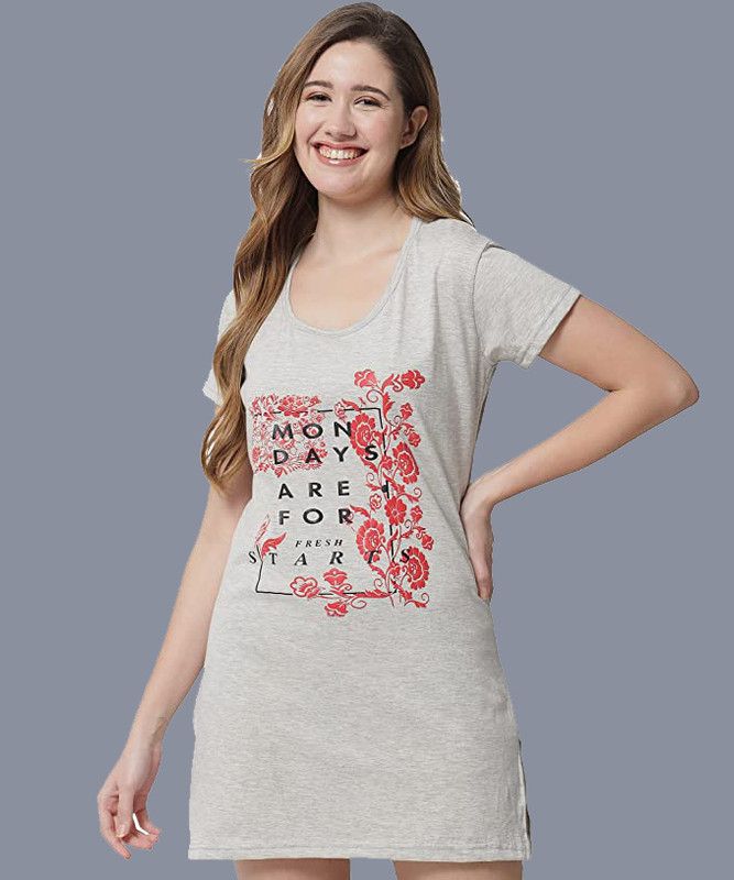 Women Printed, Typography Round Neck Organic Cotton Grey T-Shirt