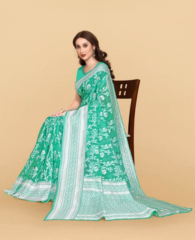 Woven Jamdani Cotton Linen Saree  (Light Green)