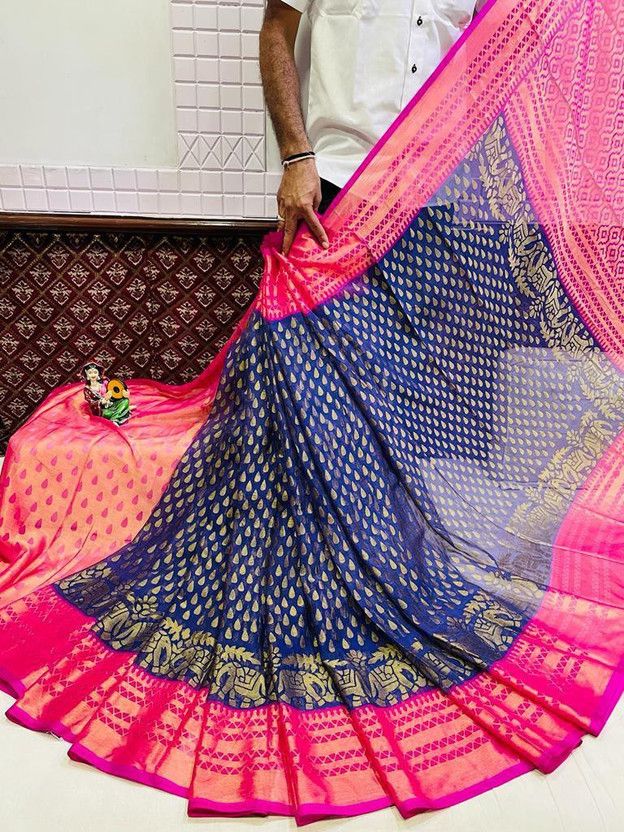 Solid/Plain Bollywood Brasso Saree  (Blue, Pink)