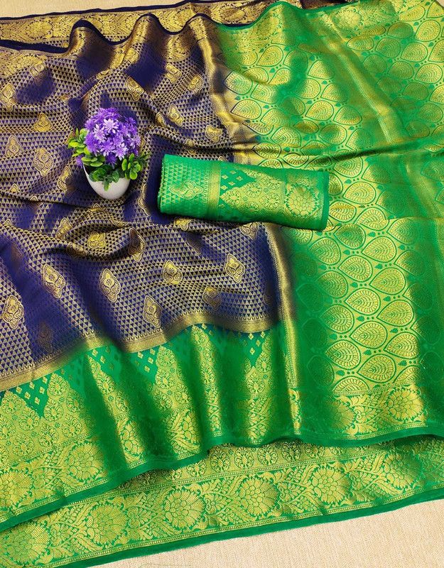Hand Painted Banarasi Silk Blend Saree  (Blue)