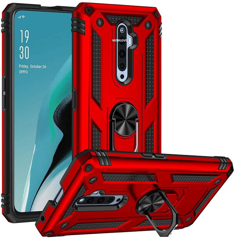 MOBILOVE Back Cover for Oppo Reno 2z / Oppo Reno 2F | Dual Layer Armor Defender Case with 360 Degree Metal Ring  (Red, Rugged Armor, Pack of: 1)