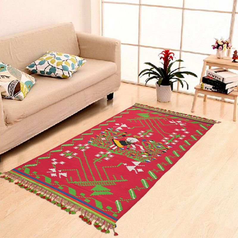 fusionfurnishing Red Cotton Dhurrie  (100.584 cm, X 210.312 cm, Rectangle)