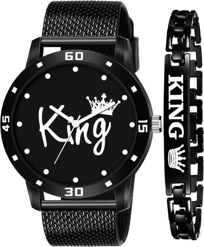 New KING Stylish Dial - PU Strap & King Bracelet Blue Combo Set Analog Watch - For Men King+King