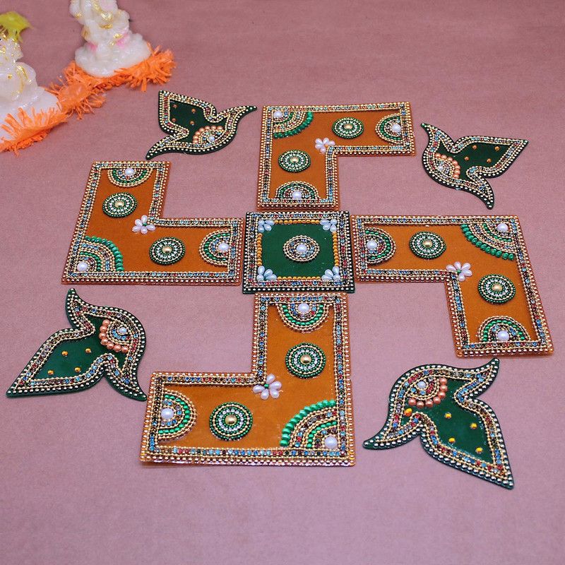 Mykanha Swastik Handmade Multi Design Decorated Rangoli 9 Pieces Set ( Red & Green ) Rangoli Stencil