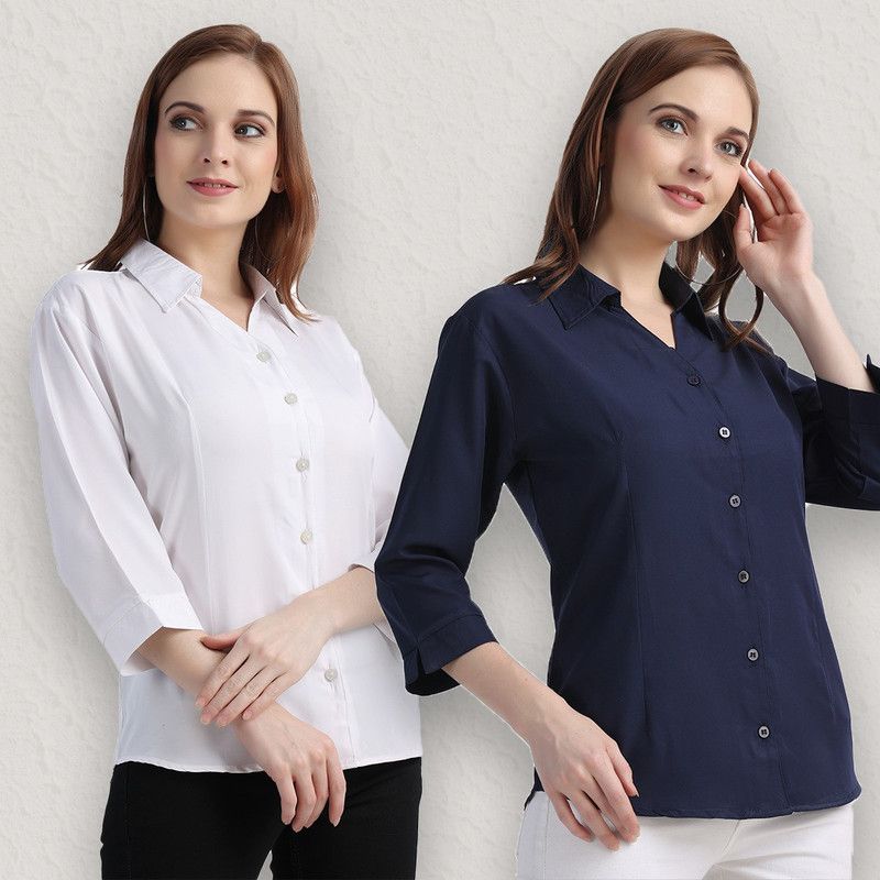 Women Regular Fit Solid Spread Collar Casual Shirt  (Pack of 2)
