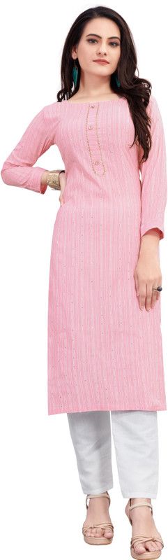 Women Woven Design Cotton Silk Straight Kurta  (Pink)