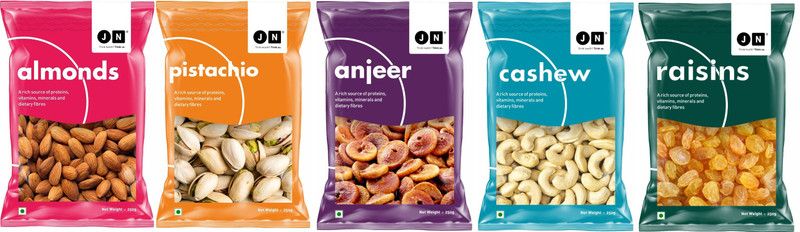 JN Premium Almond, Cashew,Pistachios, Anjeer and Kishmish Combo Gift Pack of 5 (5 x 250g) Almonds, Cashews,Pistachios, Figs & Raisins (5 x 0.25 kg) Cashews, Almonds, Raisins, Pistachios, Figs  (5 x 250 g)