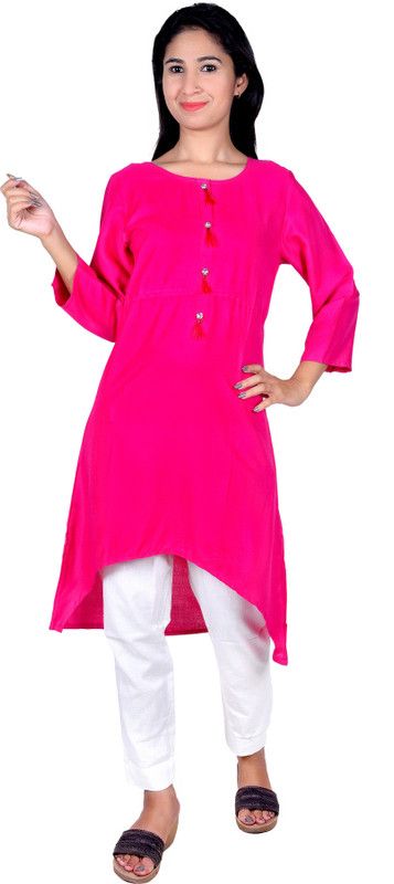 Women Solid Rayon Trail Cut Kurti  (Pink)
