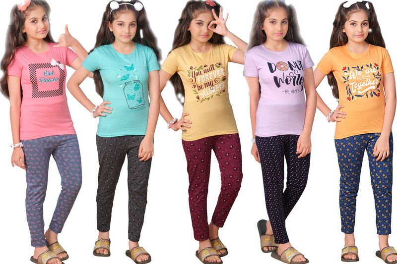 Kids Nightwear Girls Pure Cotton Top & Pyjama Set  (Pack of 5)