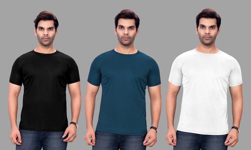 Men Solid Round Neck Polyester Black, Dark Green, White T-Shirt