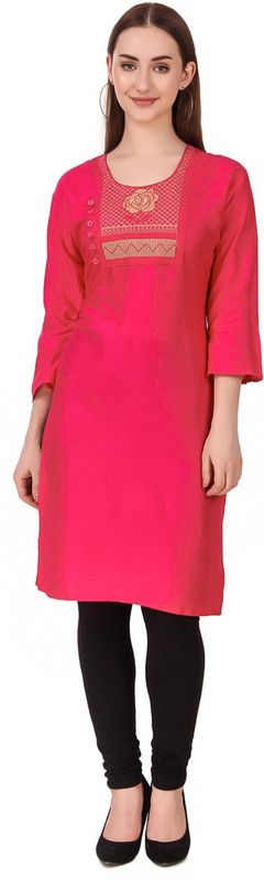 Women Embroidered Cotton Blend Straight Kurti  (Pink)