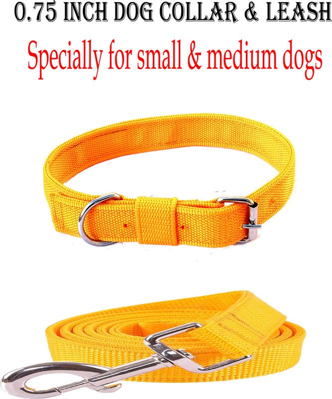 WROSHLER Adjustable nylon 0.75 inch Dog collar & leash Specially for small & medium dogs Dog Collar & Leash  (Medium, YELLOW)