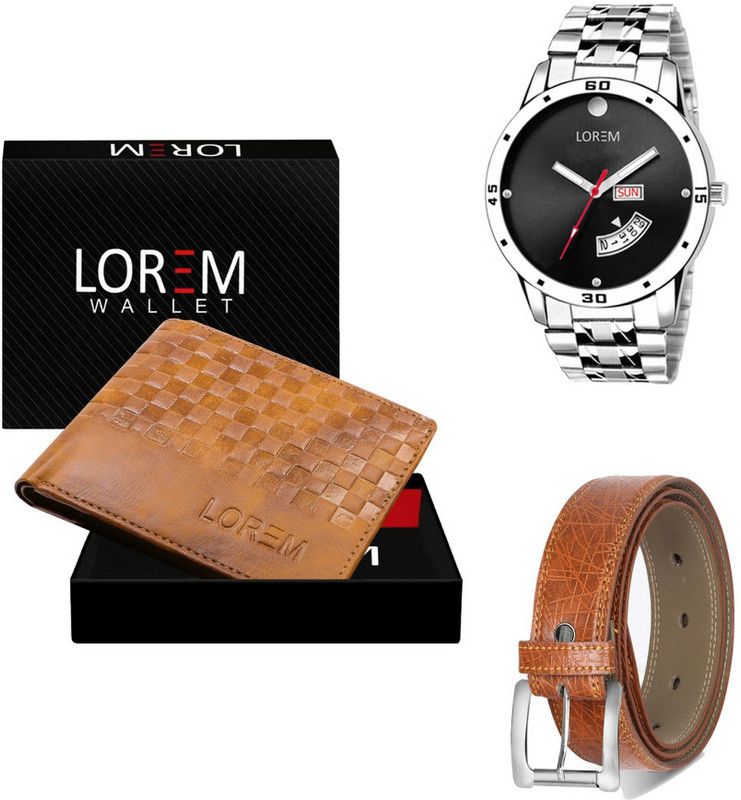 LOREM Belt, Wallet & Watch Combo  (Beige, Orange, Silver)