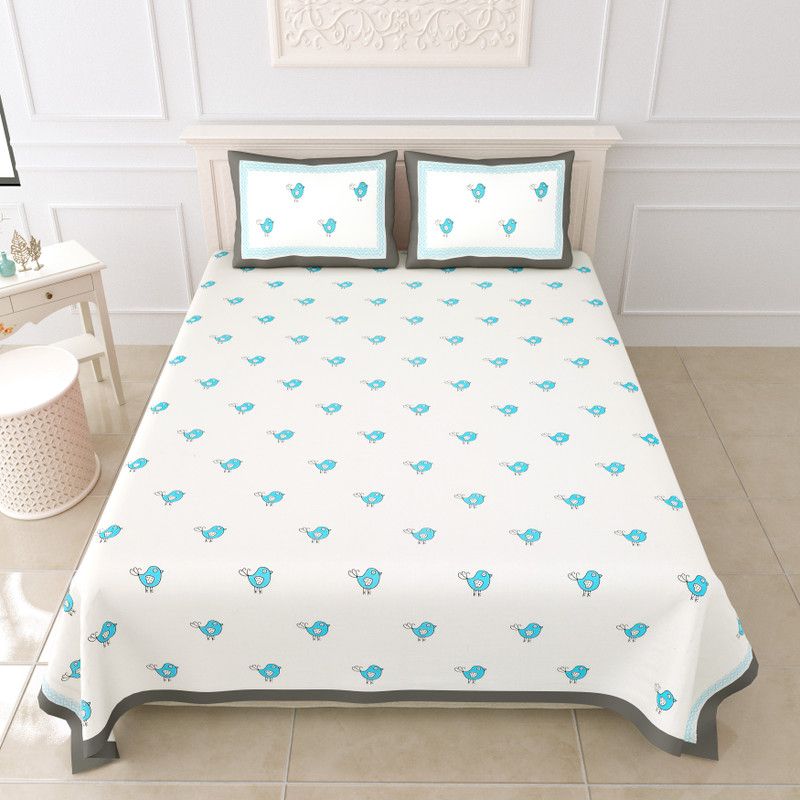 SUUMAYA 144 TC Cotton King Printed Flat Bedsheet  (Pack of 1, Blue & White)