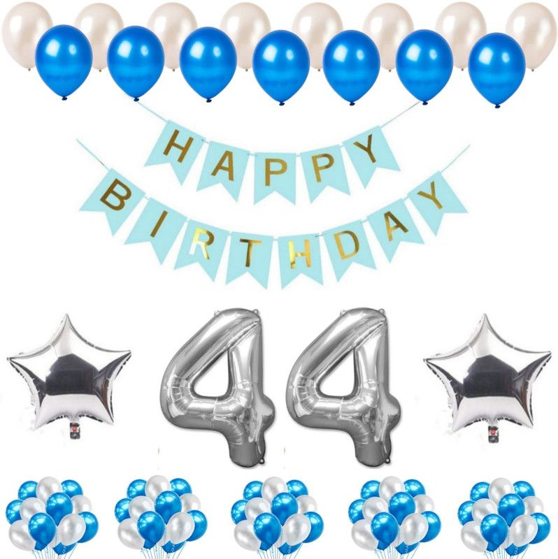 Alaina Happy Birthday Decoration Kit 55 Pcs Combo Pack - 1 Pc of Happy Birthday Banner (Blue & Golden Color) + 50 Pcs Metallic Balloons + 2 Pcs Silver Foil Stars + 44 Number Foil in Silver Color  (Set of 55)