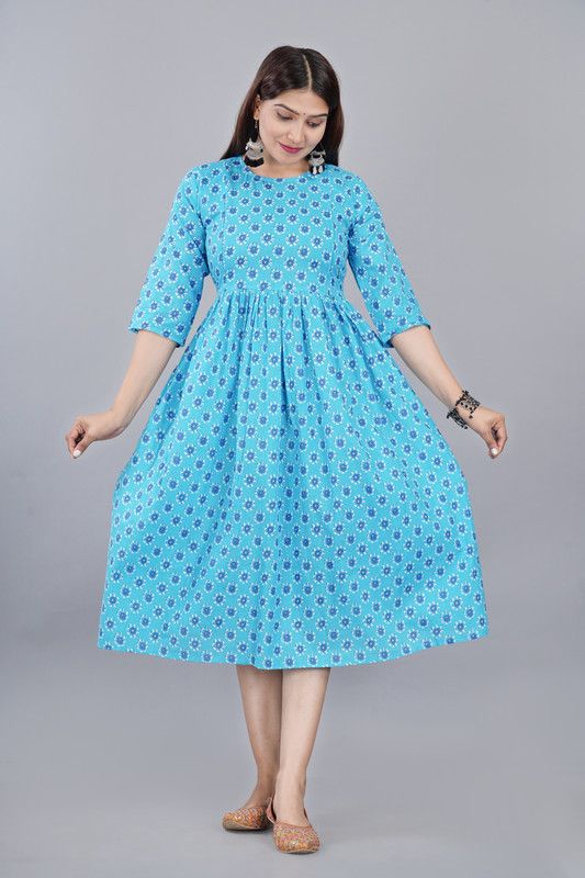 Printed Pure Cotton Stitched Flared/A-line Gown  (Light Blue)