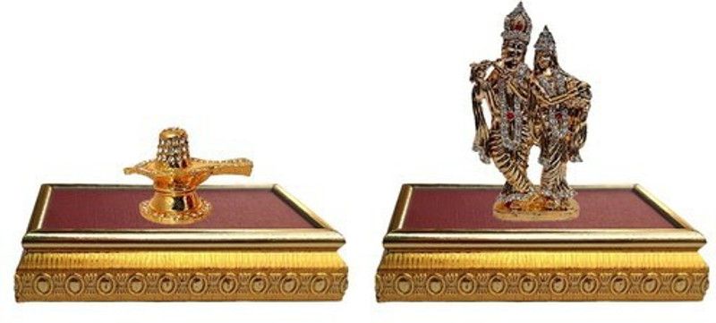 BEI Set of 2 with wooden base Lord Shiva Shivling Idol God Statue &  God Radha Krishna/ Radhey Krishan Couple Idol Puja Mandir Gift Decorative Showpiece Decorative Showpiece - 10 cm  (Brass, Multicolor)