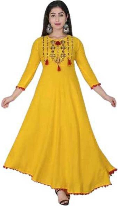 Embroidered Rayon Blend Semi Stitched Anarkali Gown  (Yellow)