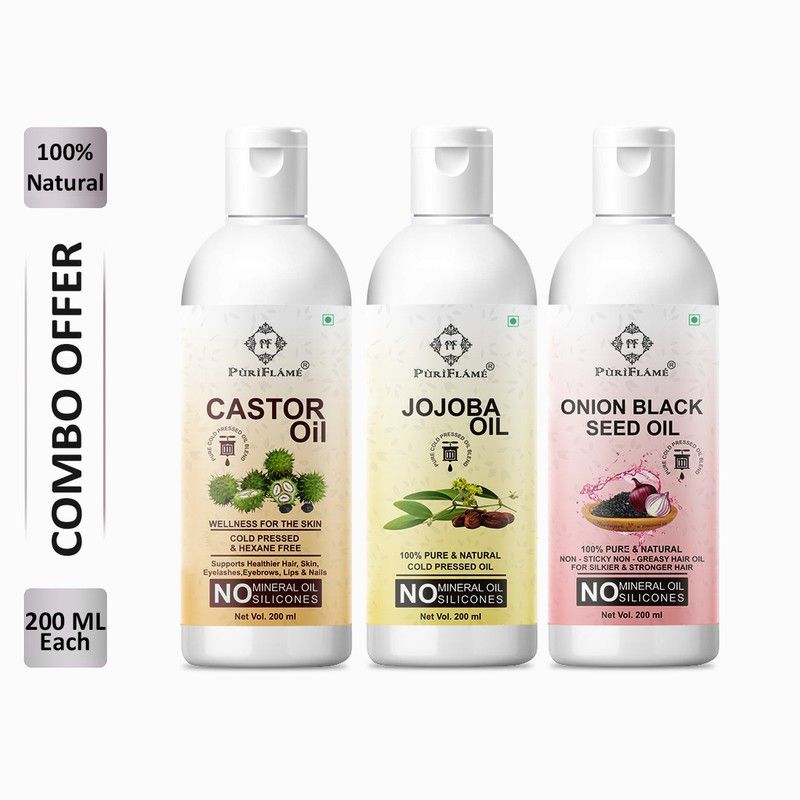 PuriFlame 100% Pure Castor Oil 200ML & Jojoba Oil 200ML & Onionblackseed Oil 100 ML Combo Hair Oil  (600 ml)