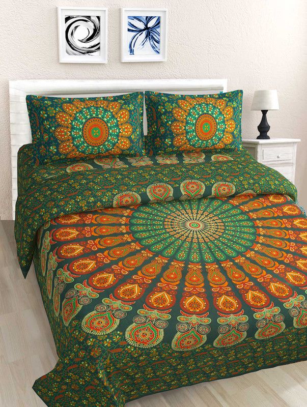 INSTA CRAFT 144 TC Cotton King Jaipuri Prints Flat Bedsheet  (Pack of 1, Green)