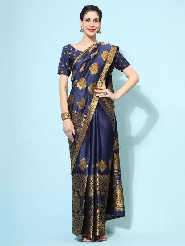 Embellished Kanjivaram Cotton Silk Saree  (Dark Blue)