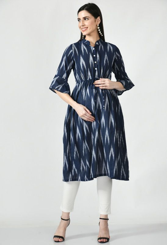Women Ikat Pure Cotton Straight Kurta  (Blue)