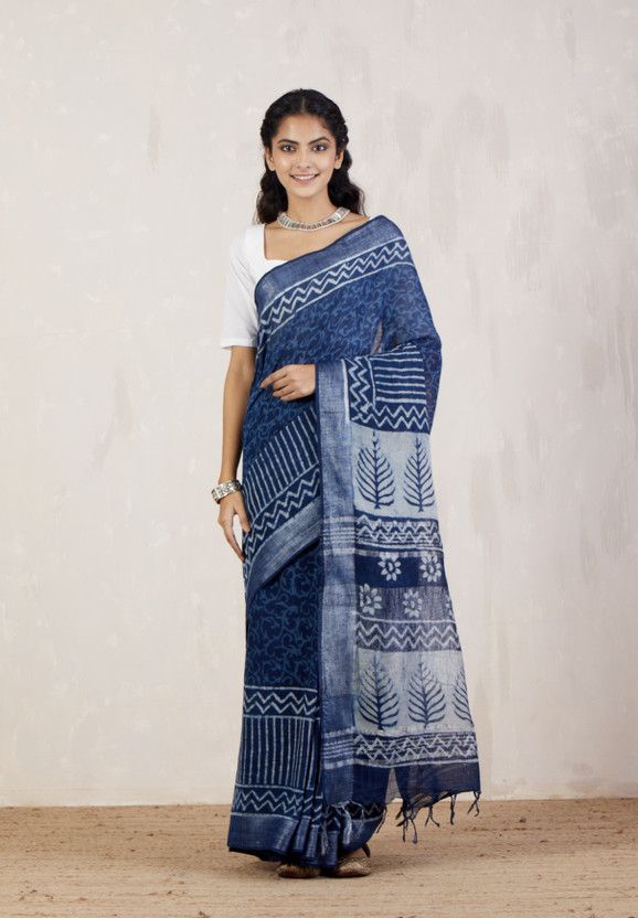 Blocked Printed Bollywood Linen Saree  (Blue)