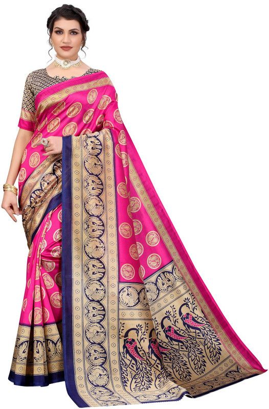 Woven Baluchari Art Silk Saree  (Dark Blue, Pink)