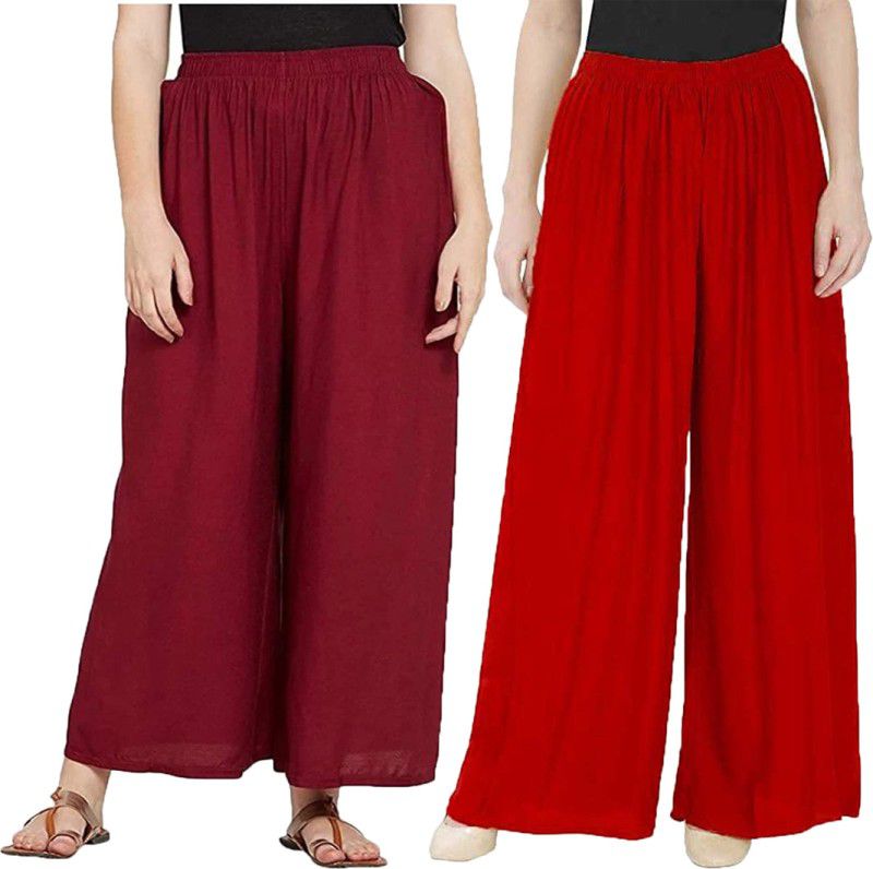 Pack of 2 Women Regular Fit Red, Maroon Cotton Blend Trousers
