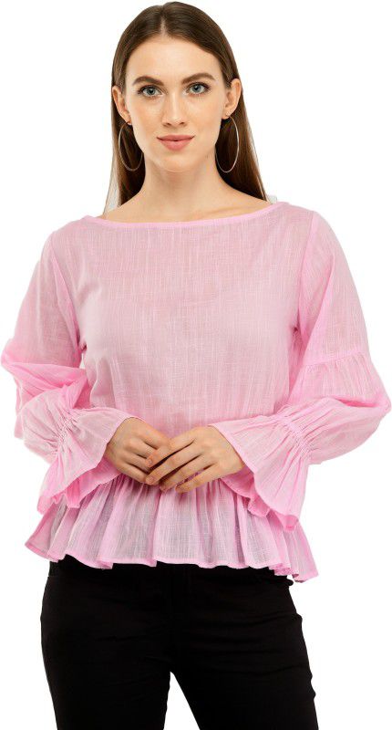 Casual Bell Sleeves Self Design, Solid Women Pink Top