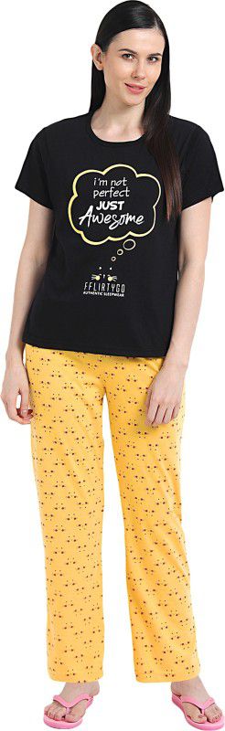 Women Top & Pyjama Set Black, Yellow Printed