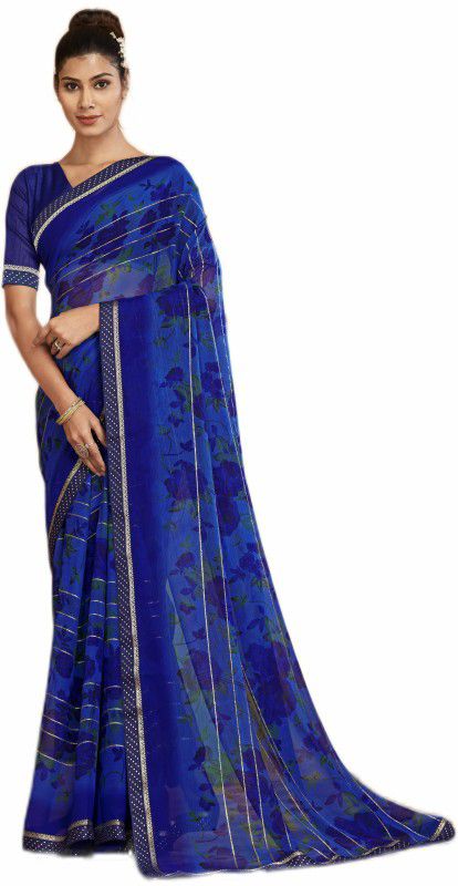Floral Print Daily Wear Chiffon Saree  (Blue)