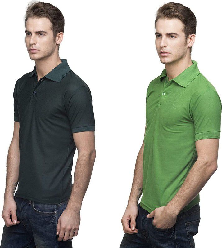 Pack of 2 Men Solid Polo Neck Cotton Blend Green, Dark Green T-Shirt