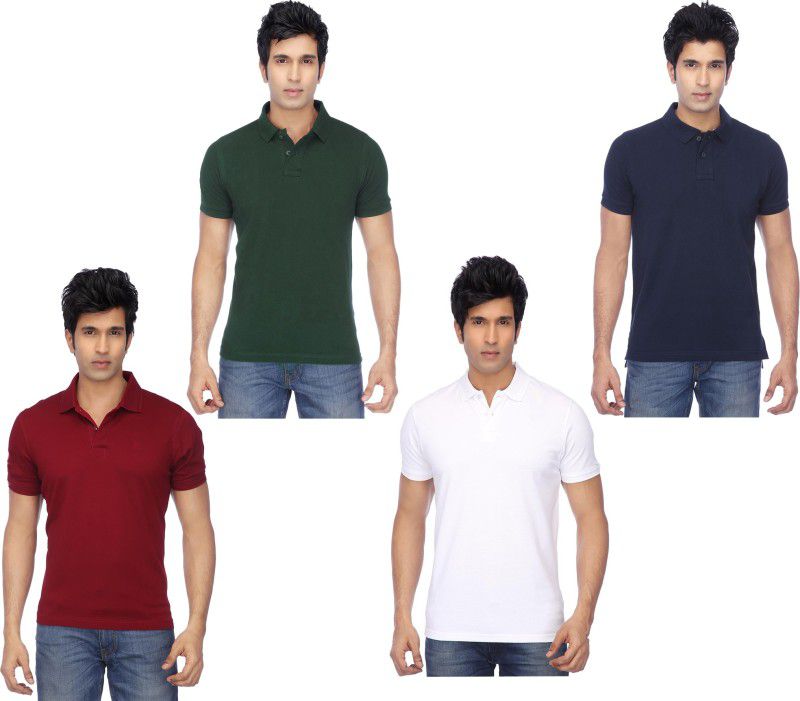Pack of 4 Men Solid Polo Neck Poly Cotton Multicolor T-Shirt