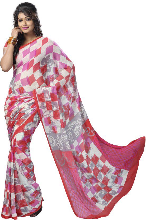 Checkered Bollywood Georgette Saree  (White, Pink)