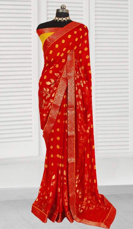 Embellished Bandhani Art Silk Saree  (Red)