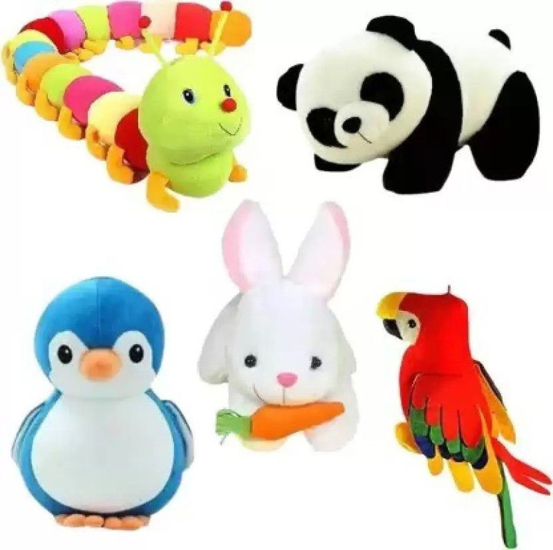 Kiddie Castle Combo of 5 Soft Toys Caterpillar Panda Penguin Rabbit Parrot Height - 25 cm  (Multicolor)
